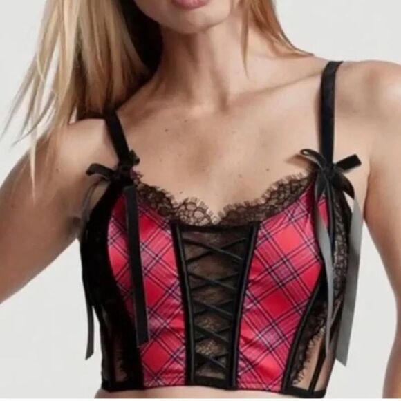 Victorias Secret Dream Angels Satin & lace Corset Bra & Thong Panty Red Plaid M - Picture 7 of 7